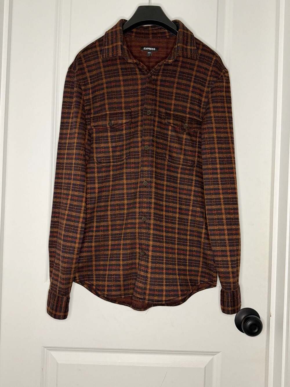 Express Plaid Long Sleeve Button Down Shirt Size S Brown Orange